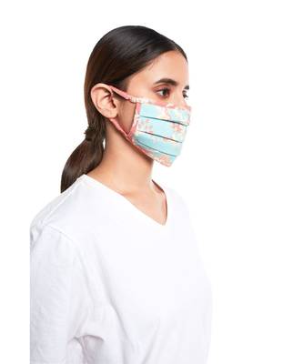 PS Pret by Payal Singhal Aqua and Coral Chidiya Print Pleated 3 Ply Mask with Pouch 3