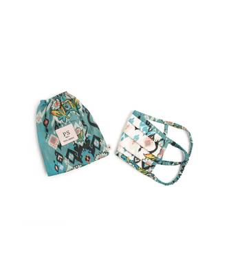 PS Pret by Payal Singhal White and Blue Ikat Love Print Pleated 3 Ply Mask with Pouch 1