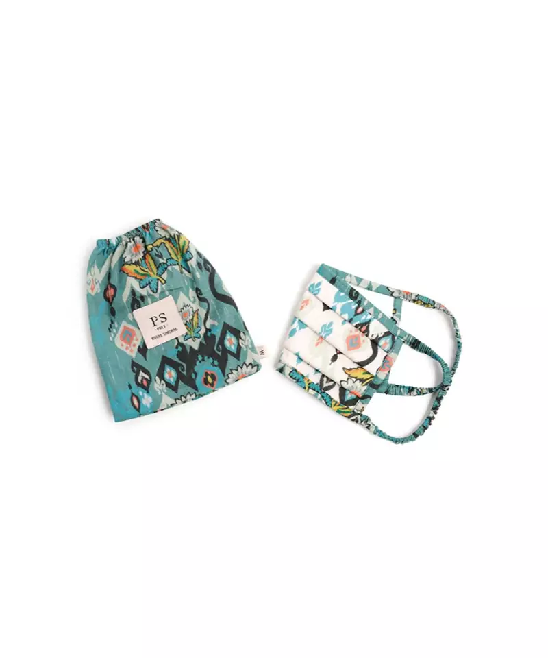 White and Blue Ikat Love Print Pleated 3 Ply Mask with Pouch