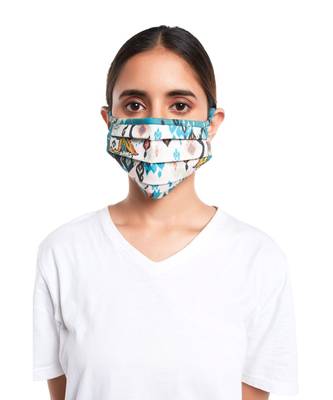 PS Pret by Payal Singhal White and Blue Ikat Love Print Pleated 3 Ply Mask with Pouch 2