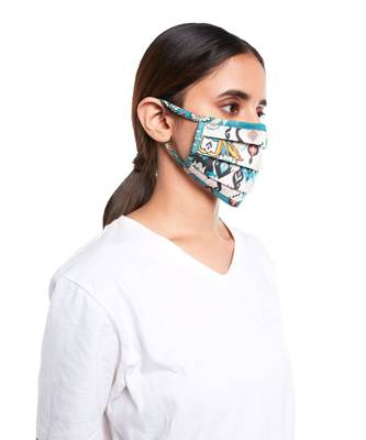 PS Pret by Payal Singhal White and Blue Ikat Love Print Pleated 3 Ply Mask with Pouch 3