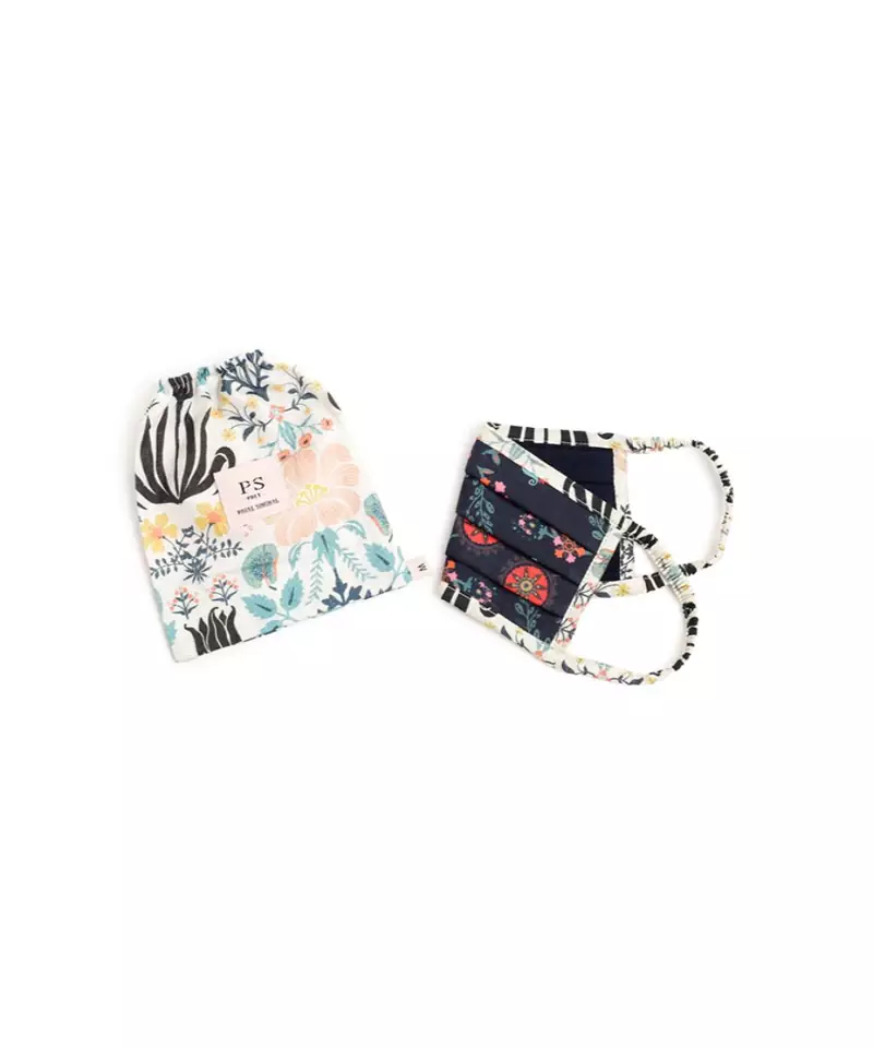Navy Spring and Tulip Garden Print Pleated 3 Ply Mask with Pouch