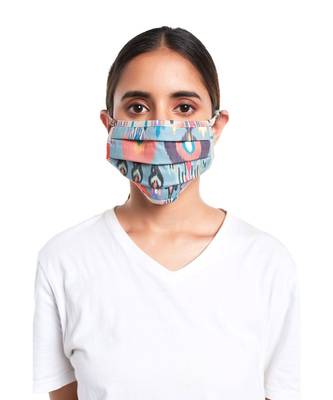PS Pret by Payal Singhal Blue and Stone Ikat Garden Print Pleated 3 Ply Mask with Pouch 2