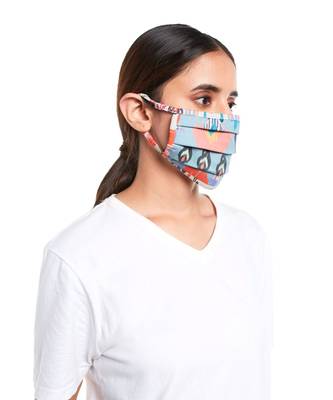 PS Pret by Payal Singhal Blue and Stone Ikat Garden Print Pleated 3 Ply Mask with Pouch 3