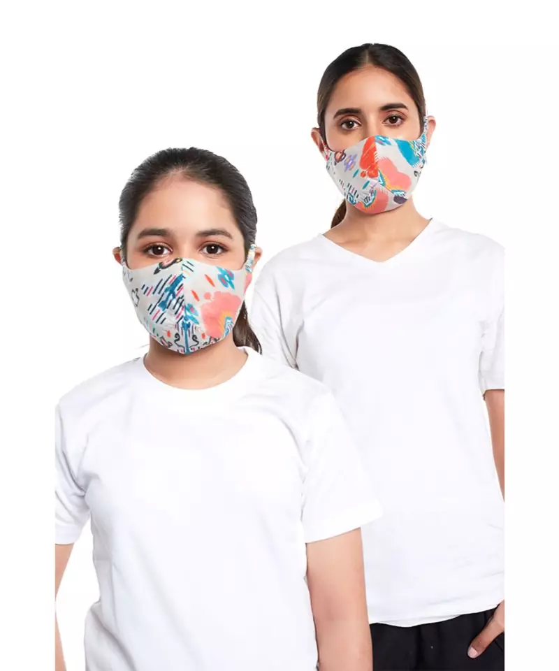 PS Masks Twin Set - Stone Ikat Garden Print Structured 3 Ply Masks with Pouches