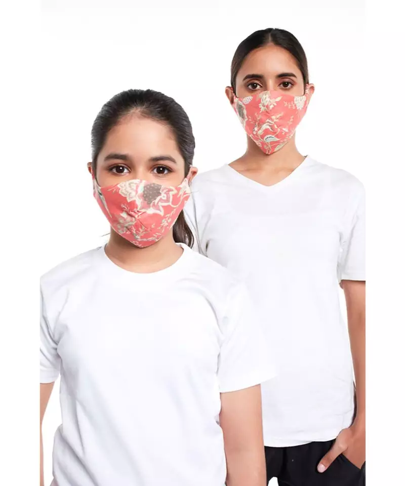 PS Masks Twin Set - Coral Chidiya Print Structured 3 Ply Masks with Pouches