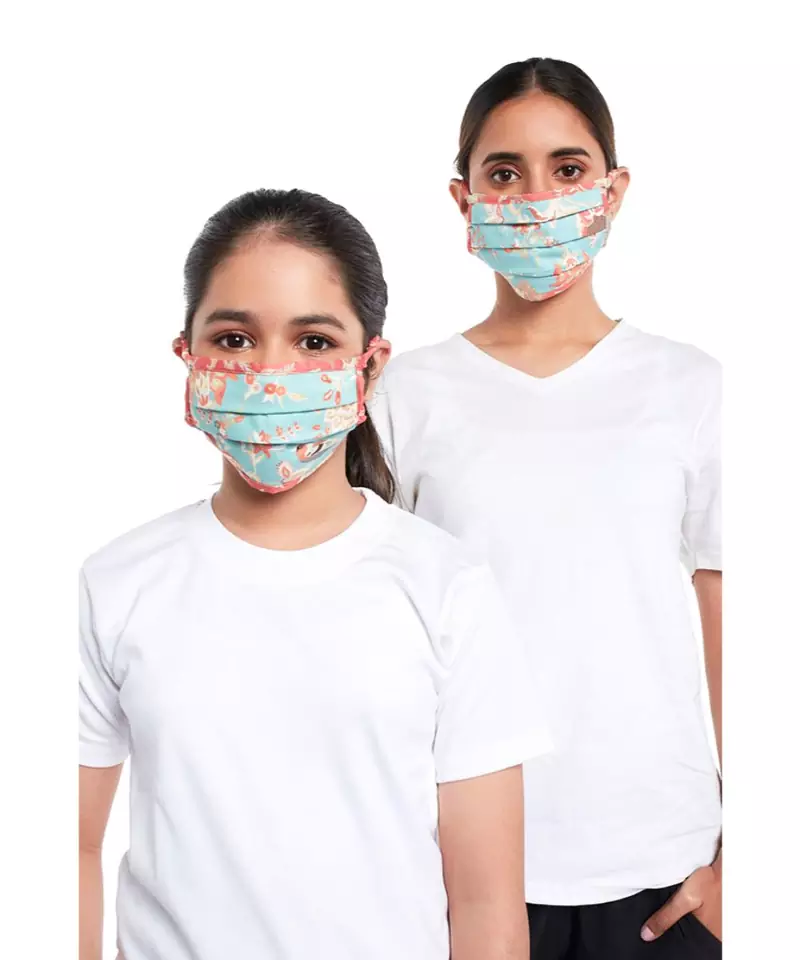 PS Masks Twin Set - Aqua and Coral Chidiya Print Pleated 3 Ply Masks with Pouches