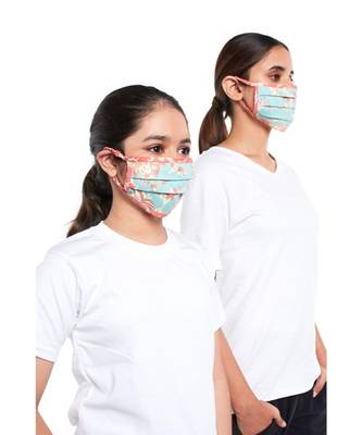 PS Pret by Payal Singhal Masks Twin Set - Aqua and Coral Chidiya Print Pleated 3 Ply Masks with Pouches 2