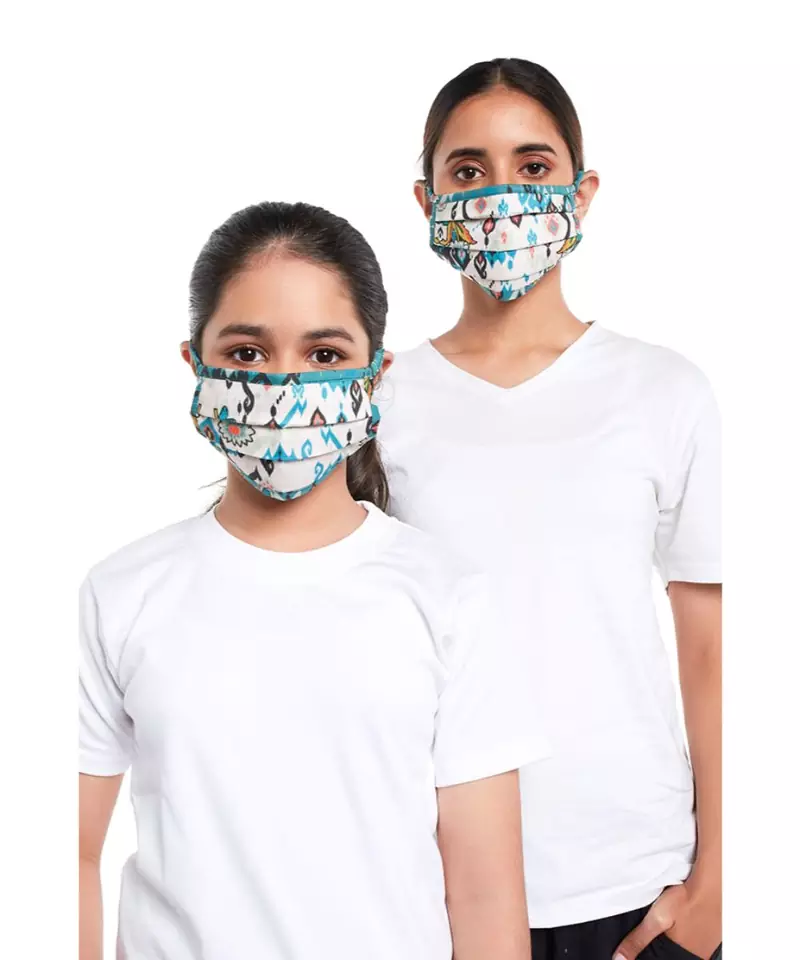 PS Masks Twin Set - White and Blue Ikat Love Print Pleated 3 Ply Masks with Pouches