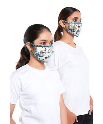 PS Pret by Payal Singhal Masks Twin Set - White and Blue Ikat Love Print Pleated 3 Ply Masks with Pouches 2