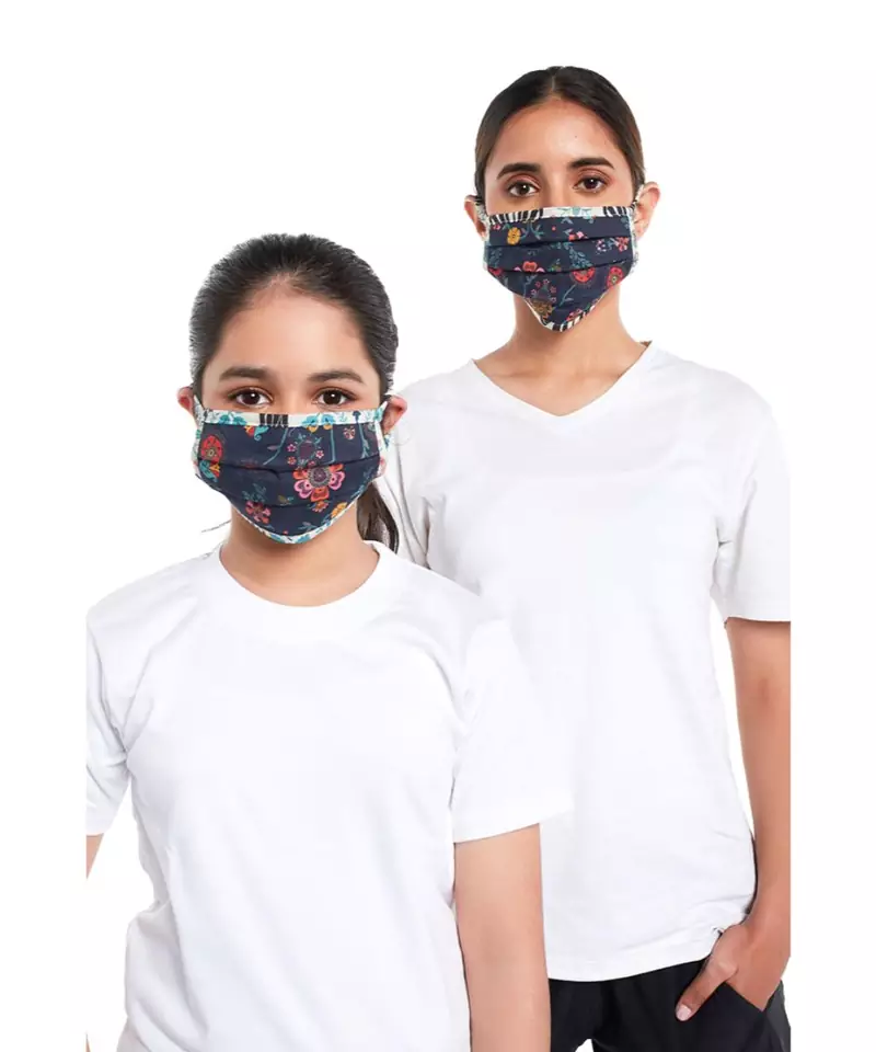 PS Masks Twin Set - Navy Spring and Tulip Garden Print Pleated 3 Ply Masks with Pouches