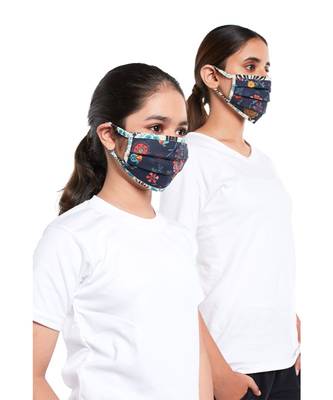 PS Pret by Payal Singhal Masks Twin Set - Navy Spring and Tulip Garden Print Pleated 3 Ply Masks with Pouches 2