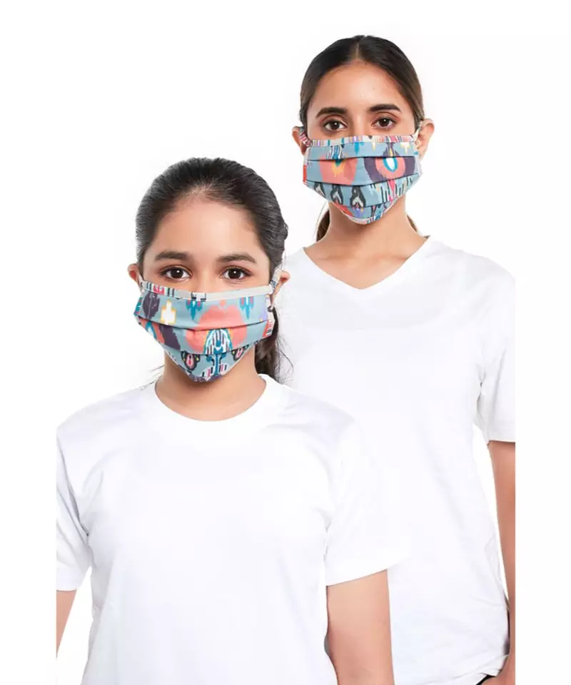 PS Masks Twin Set - Blue and Stone Ikat Garden Print Pleated 3 Ply Masks with Pouches