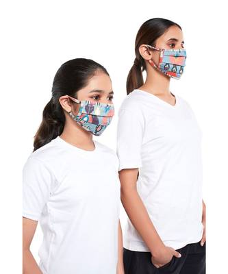 PS Pret by Payal Singhal Masks Twin Set - Blue and Stone Ikat Garden Print Pleated 3 Ply Masks with Pouches 2