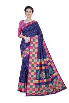 Navy blue printed cotton stretch saree with blouse 1