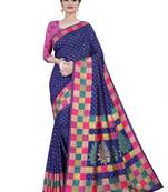 Navy blue printed cotton stretch saree with blouse