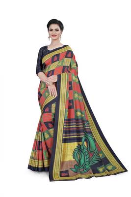 Multicolor printed cotton stretch saree with blouse 1