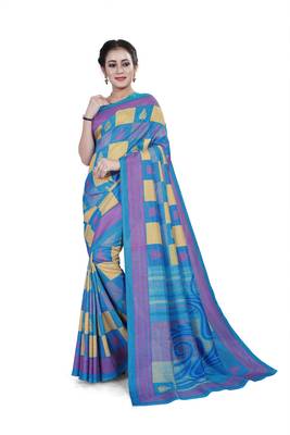 Sky blue printed cotton stretch saree with blouse 1