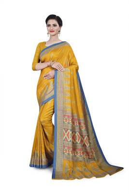 Gold printed cotton stretch saree with blouse 1