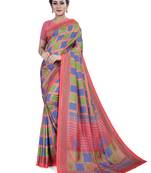Pink printed cotton stretch saree with blouse