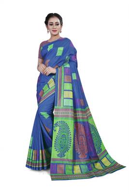 Blue printed cotton stretch saree with blouse 1