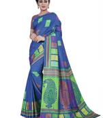 Blue printed cotton stretch saree with blouse