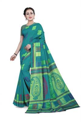 Sea green printed cotton stretch saree with blouse 1
