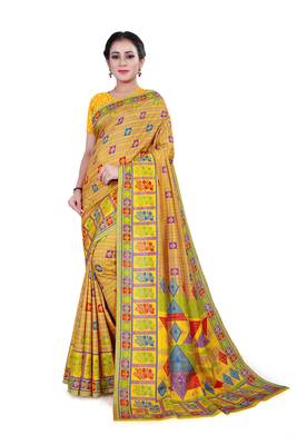 Yellow printed cotton stretch saree with blouse 1