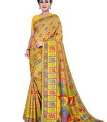 Yellow printed cotton stretch saree with blouse