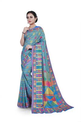 Blue printed cotton stretch saree with blouse 1