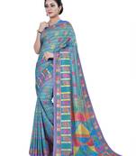 Blue printed cotton stretch saree with blouse