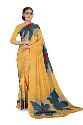Gold printed crepe saree with blouse 1