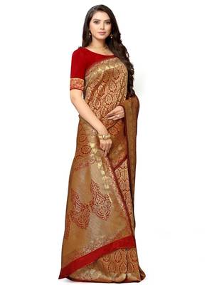 Maroon hand woven art silk saree with blouse 4