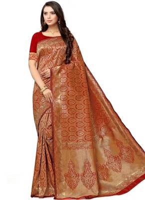 Maroon hand woven art silk saree with blouse 5