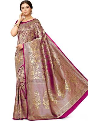 Pink hand woven art silk saree with blouse 1