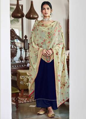 Navy Blue Velvet Embroidered Palazzo Suit 1