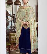 Navy Blue Velvet Embroidered Palazzo Suit