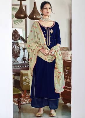 Navy Blue Velvet Embroidered Palazzo Suit 2