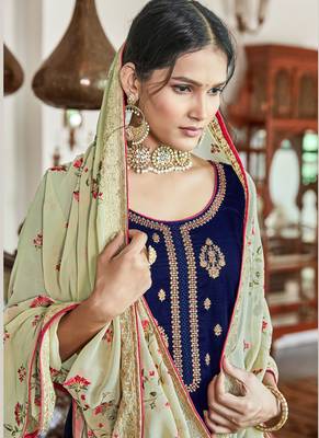 Navy Blue Velvet Embroidered Palazzo Suit 4