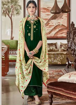 Green Velvet Embroidered Palazzo Suit 1
