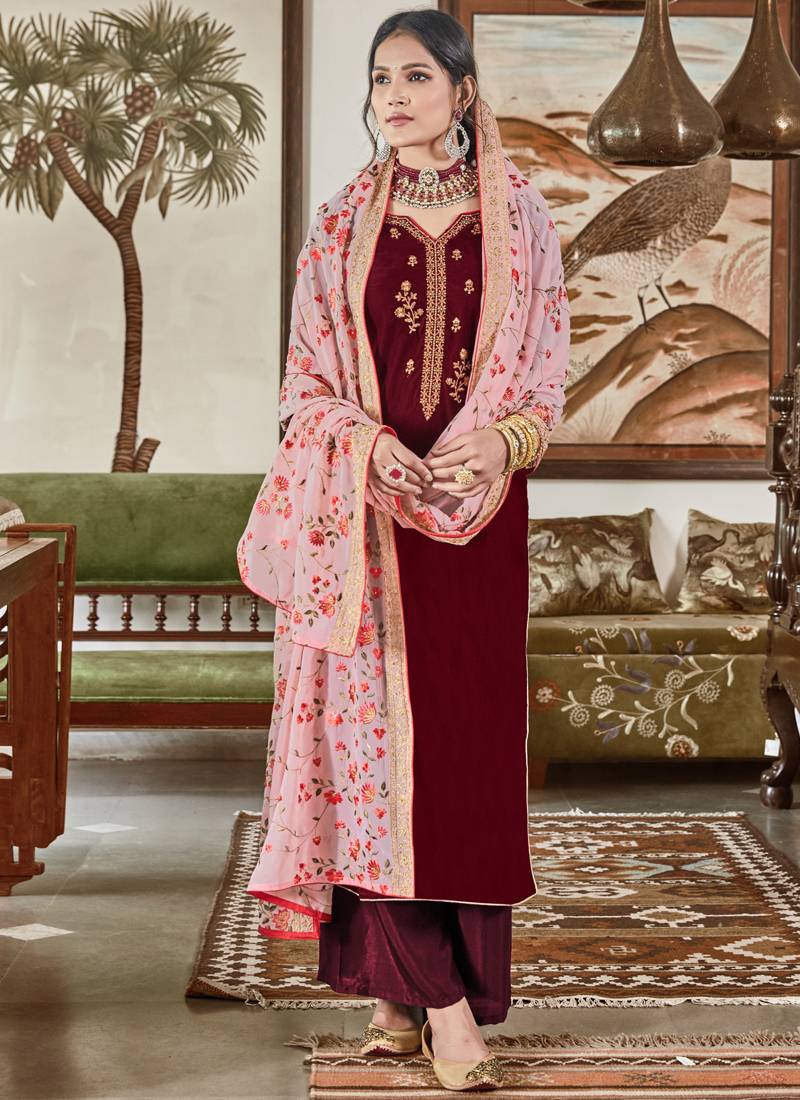 Maroon Solid Velvet Palazzo