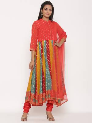 Juniper Multi-color Georgette Printed Anarkali Kurta Churidar Dupatta Set 1