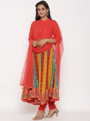 Juniper Multi-color Georgette Printed Anarkali Kurta Churidar Dupatta Set 3