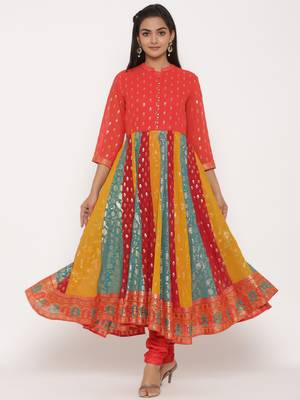 Juniper Multi-color Georgette Printed Anarkali Kurta Churidar Dupatta Set 4