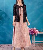 Rust Color Handloom Cotton Jacket Style Long Kurti With Printed Work