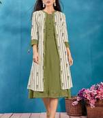 Cotton Jacket Style Printed Kurti In Olive Green Color