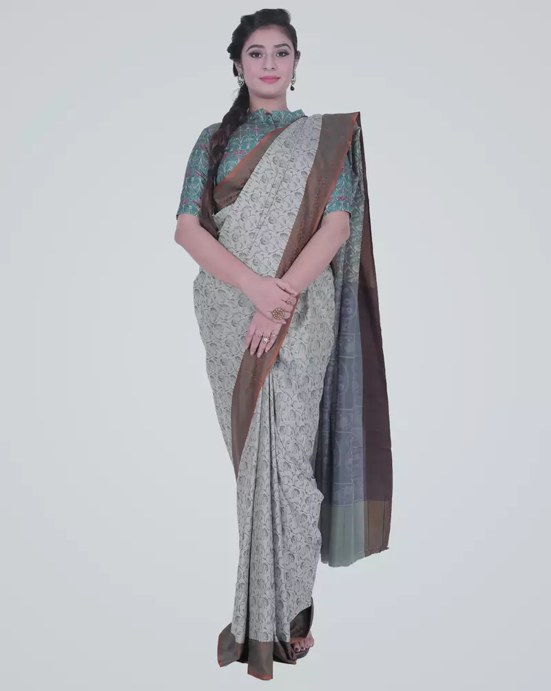 GreySemi Kataan Silk Banarasi Booti Saree