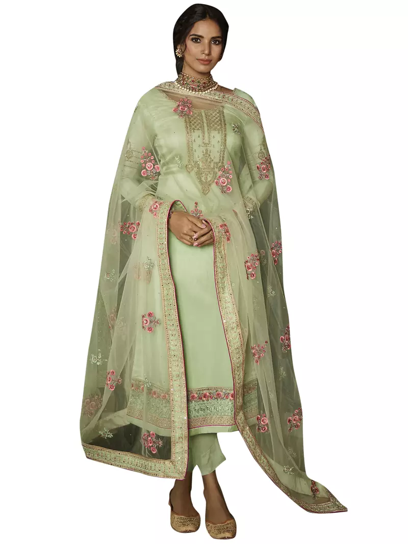 Green embroidered tussar silk salwar