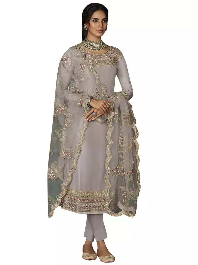 Grey embroidered tussar silk salwar