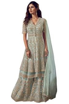 Turquoise embroidered net salwar